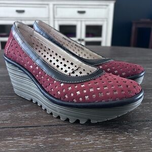 Fly London Shoes 37/7 Yika Perforated Wedges Brick Suede Leather NWOB